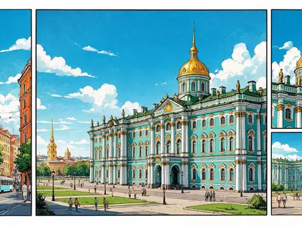 Pop-Art-Comicillustration des Wahrzeichens Eremitage Sankt Petersburg in Sankt Petersburg Russland, kraeftige Konturen Rasterpunkte und satte - Foto: THN