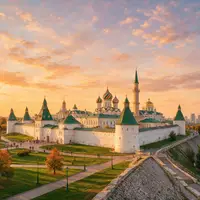 Fotorealistische Panoramaaufnahme von Kasaner Kreml in Kasan Russland, warmes Abendlicht auf Wahrzeichen - Foto: THN