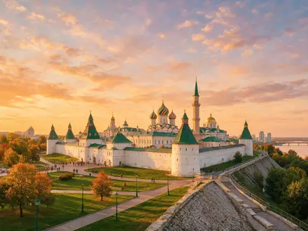 Fotorealistische Panoramaaufnahme von Kasaner Kreml in Kasan Russland, warmes Abendlicht auf Wahrzeichen - Foto: THN