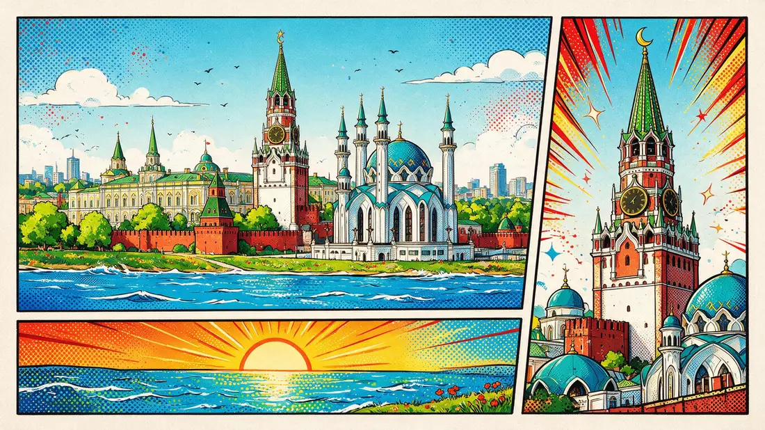 Pop-Art-Comic von Kasaner Kreml in Kasan, Russland mit Rasterpunkten