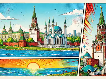 Pop-Art-Comicillustration des Wahrzeichens Kasaner Kreml in Kasan Russland, kraeftige Konturen Rasterpunkte und satte Farben - Foto: THN