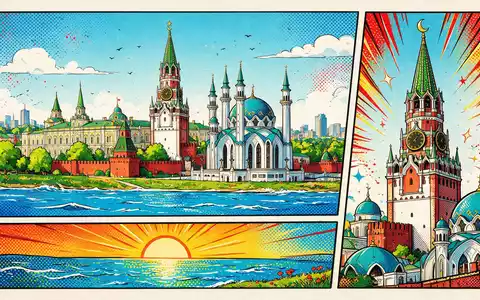 Pop-Art-Comicillustration des Wahrzeichens Kasaner Kreml in Kasan Russland, kraeftige Konturen Rasterpunkte und satte Farben - Foto: THN