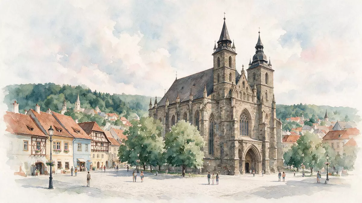 Aquarell-Illustration von Schwarze Kirche Brasov in Brasov, Rumänien als Reiseposter