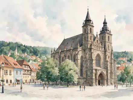 Aquarellillustration des Wahrzeichens Schwarze Kirche Brasov in Brasov Rumänien, weiche Farbverläufe und pastelliges Reiseposter-Feeling - Foto: THN