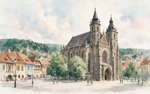 Aquarellillustration des Wahrzeichens Schwarze Kirche Brasov in Brasov Rumänien, weiche Farbverläufe und pastelliges Reiseposter-Feeling - Foto: THN