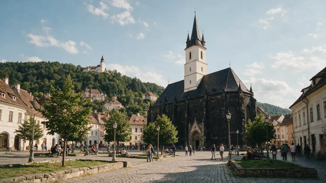Editorial-Reisemagazinbild vom Wahrzeichen Schwarze Kirche Brasov in Brasov, Rumänien
