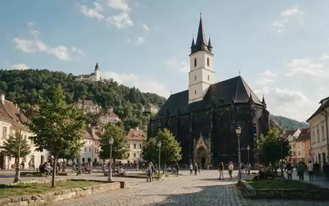 Editorialbild im Reisemagazin-Stil vom Wahrzeichen Schwarze Kirche Brasov in Brasov Rumänien, ausgewogene Bildgestaltung und natuerliches - Foto: THN