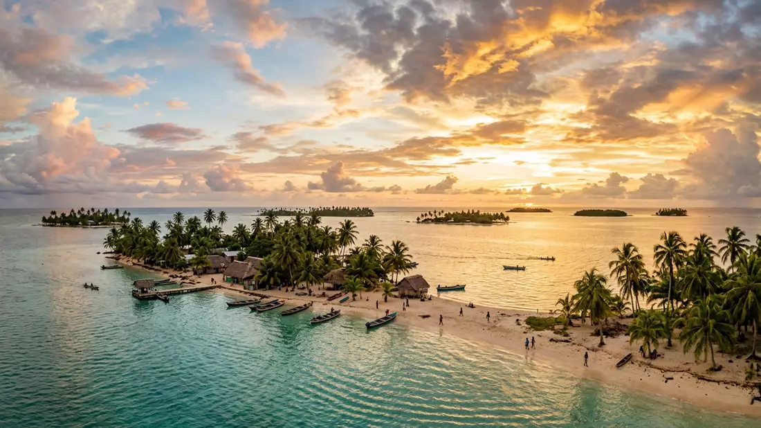 Fotorealistische Ansicht von San-Blas-Inseln in El Porvenir, Panama im Abendlicht