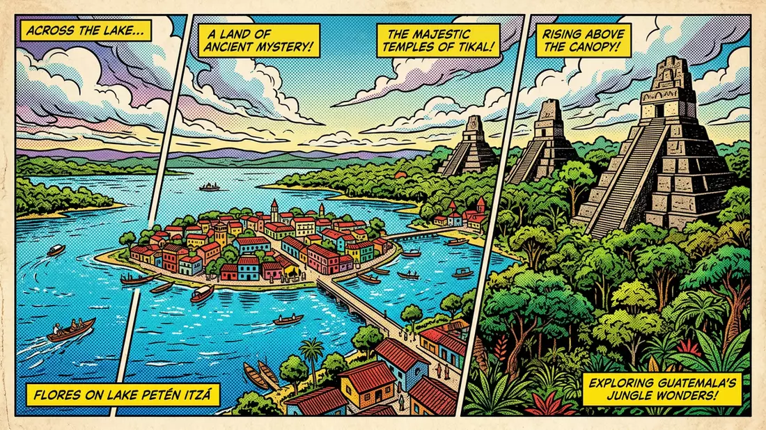 Pop-Art-Comic von Tikal in Flores, Guatemala mit Rasterpunkten