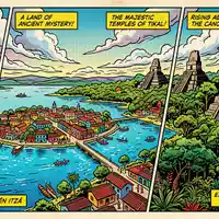 Pop-Art-Comicillustration des Wahrzeichens Tikal in Flores Guatemala, kraeftige Konturen Rasterpunkte und satte Farben - Foto: THN