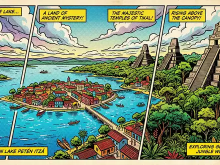 Pop-Art-Comicillustration des Wahrzeichens Tikal in Flores Guatemala, kraeftige Konturen Rasterpunkte und satte Farben - Foto: THN