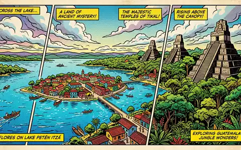 Pop-Art-Comicillustration des Wahrzeichens Tikal in Flores Guatemala, kraeftige Konturen Rasterpunkte und satte Farben - Foto: THN