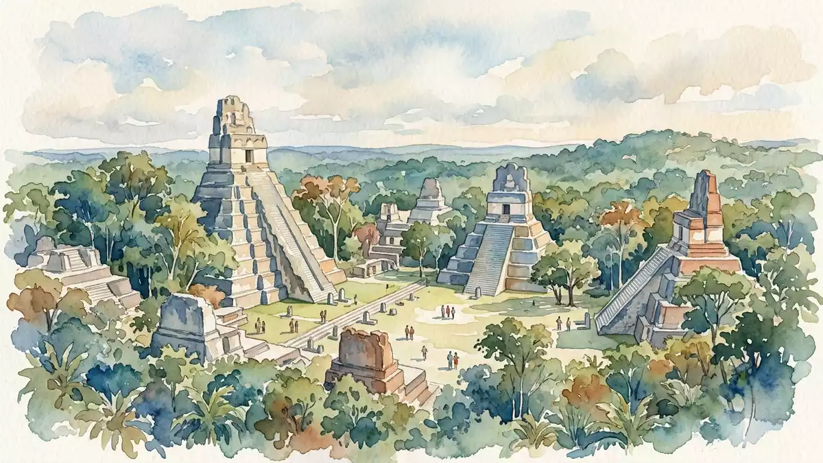 Aquarell-Illustration von Tikal in Flores, Guatemala als Reiseposter