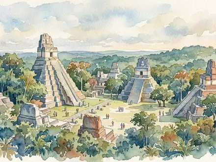 Aquarellillustration des Wahrzeichens Tikal in Flores Guatemala, weiche Farbverläufe und pastelliges Reiseposter-Feeling - Foto: THN