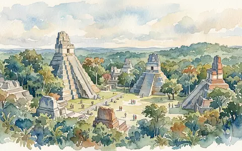 Aquarellillustration des Wahrzeichens Tikal in Flores Guatemala, weiche Farbverläufe und pastelliges Reiseposter-Feeling - Foto: THN