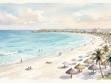 Aquarellillustration des Wahrzeichens Varadero-Strand in Varadero Kuba, weiche Farbverläufe und pastelliges Reiseposter-Feeling - Foto: THN