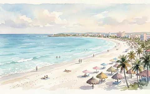 Aquarellillustration des Wahrzeichens Varadero-Strand in Varadero Kuba, weiche Farbverläufe und pastelliges Reiseposter-Feeling - Foto: THN