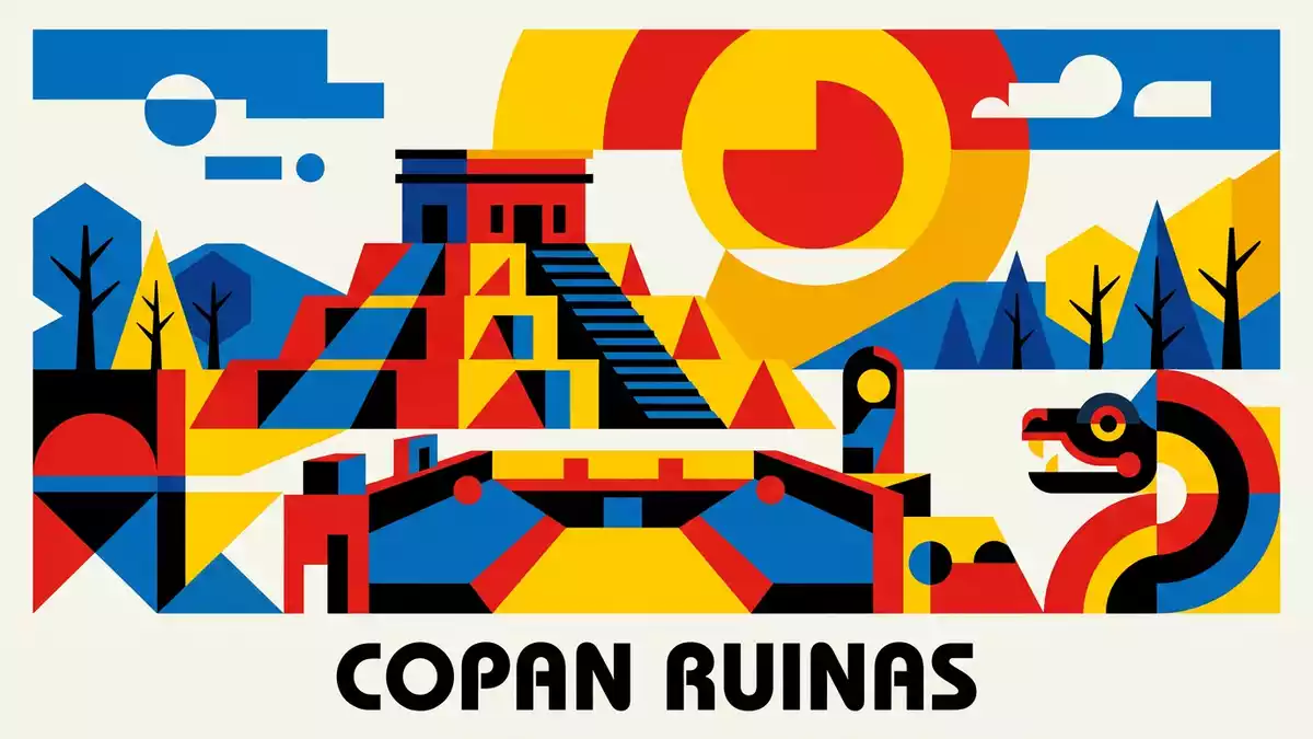 Bauhaus-Poster als Abstraktion von Copan-Ruinen in Copan Ruinas, Honduras