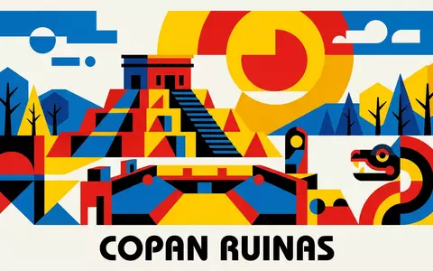 Bauhaus-Poster als geometrische Abstraktion von Copan-Ruinen in Copan Ruinas Honduras, kraeftige Grundfarben und harte Formkanten - Foto: THN