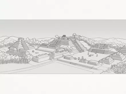 Moderner Architektur-Render zeigt Silhouette von Copan-Ruinen in Copan Ruinas Honduras, klare Linien und neutrales Tageslicht - Foto: THN
