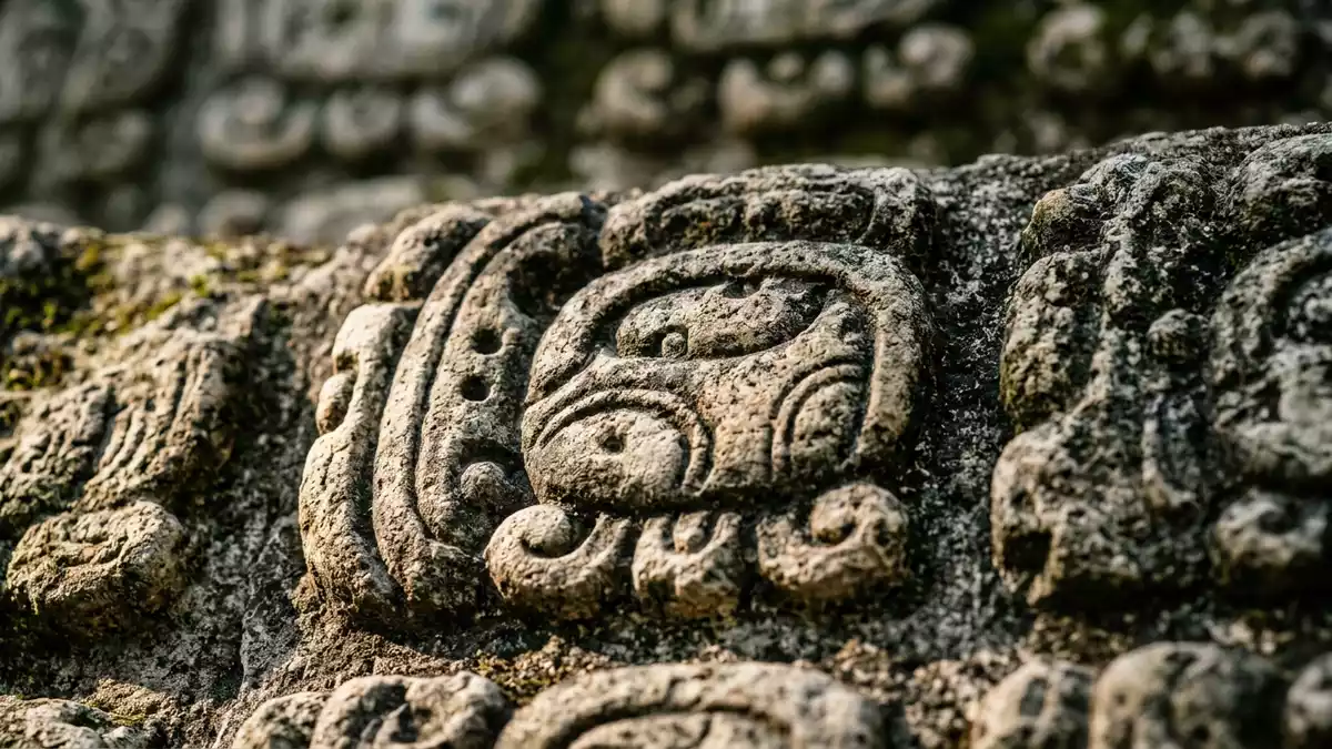 Makroaufnahme eines Materialdetails am Wahrzeichen Copan-Ruinen, Copan Ruinas Honduras
