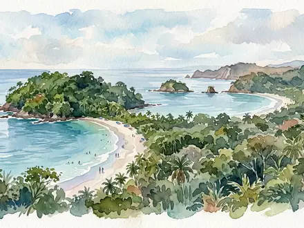 Aquarellillustration des Wahrzeichens Manuel-Antonio-Nationalpark in Quepos Costa Rica, weiche Farbverläufe und pastelliges Reiseposter-Feeling - Foto: THN