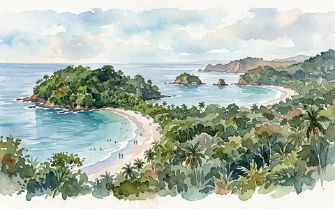 Aquarellillustration des Wahrzeichens Manuel-Antonio-Nationalpark in Quepos Costa Rica, weiche Farbverläufe und pastelliges Reiseposter-Feeling - Foto: THN