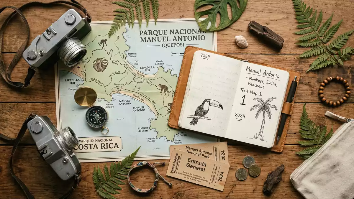 Flatlay-Reise-Arrangement rund um Manuel-Antonio-Nationalpark in Quepos, Costa Rica
