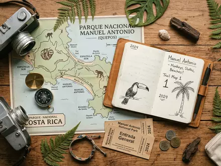 Flatlay-Reise-Arrangement rund um Manuel-Antonio-Nationalpark in Quepos Costa Rica, Karte Kompass Kamera und generische Reiserequisiten - Foto: THN