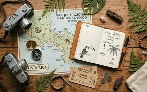 Flatlay-Reise-Arrangement rund um Manuel-Antonio-Nationalpark in Quepos Costa Rica, Karte Kompass Kamera und generische Reiserequisiten - Foto: THN