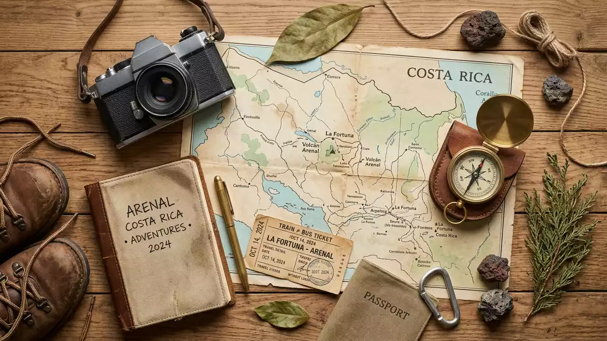 Flatlay-Reise-Arrangement rund um Arenal-Vulkan in La Fortuna, Costa Rica