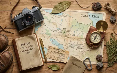 Flatlay-Reise-Arrangement rund um Arenal-Vulkan in La Fortuna Costa Rica, Karte Kompass Kamera und generische Reiserequisiten - Foto: THN