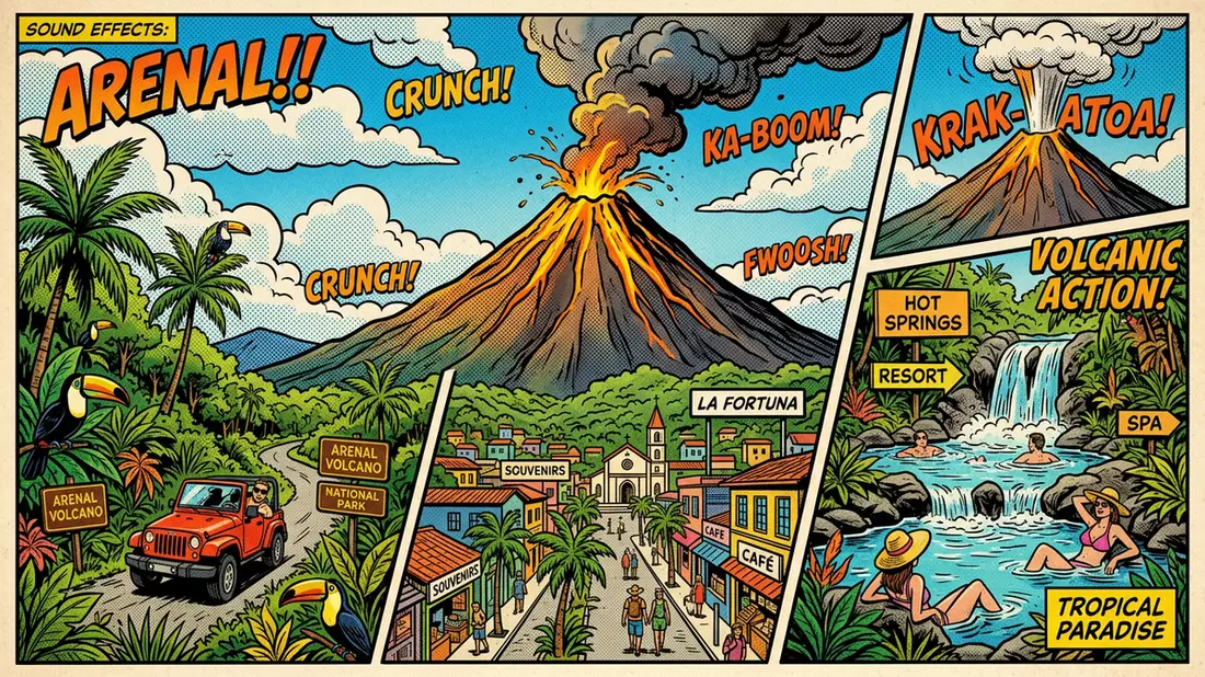 Pop-Art-Comic von Arenal-Vulkan in La Fortuna, Costa Rica mit Rasterpunkten