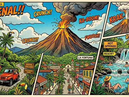 Pop-Art-Comicillustration des Wahrzeichens Arenal-Vulkan in La Fortuna Costa Rica, kraeftige Konturen Rasterpunkte und satte Farben - Foto: THN