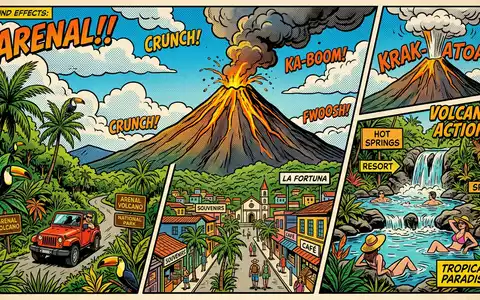Pop-Art-Comicillustration des Wahrzeichens Arenal-Vulkan in La Fortuna Costa Rica, kraeftige Konturen Rasterpunkte und satte Farben - Foto: THN
