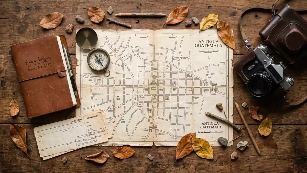 Flatlay-Reise-Arrangement rund um Antigua Guatemala in Antigua Guatemala, Guatemala
