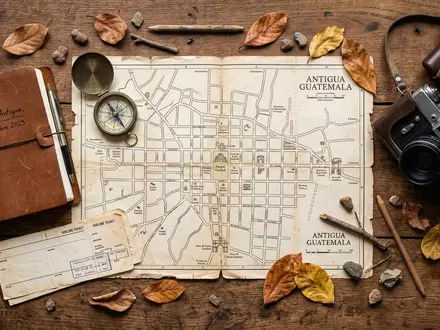 Flatlay-Reise-Arrangement rund um Antigua Guatemala in Antigua Guatemala Guatemala, Karte Kompass Kamera und generische Reiserequisiten - Foto: THN