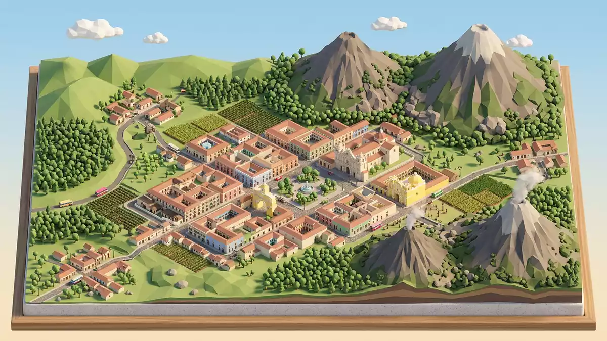Isometrisches Diorama von Antigua Guatemala in Antigua Guatemala, Guatemala in Pastell