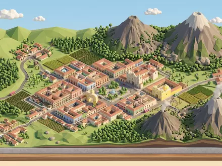 Isometrisches Diorama von Antigua Guatemala und Umgebung in Antigua Guatemala Guatemala, verspielte Low-Poly-Kulisse in Pastellfarben - Foto: THN