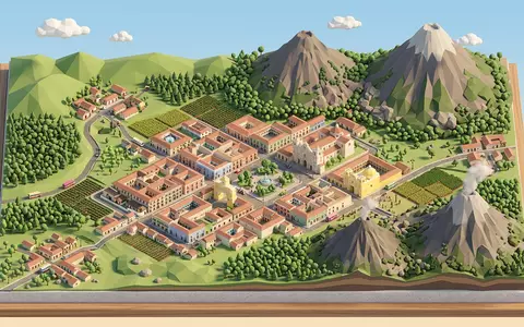 Isometrisches Diorama von Antigua Guatemala und Umgebung in Antigua Guatemala Guatemala, verspielte Low-Poly-Kulisse in Pastellfarben - Foto: THN