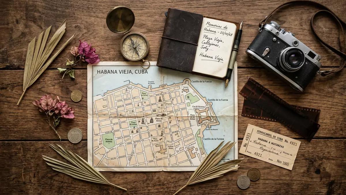 Flatlay-Reise-Arrangement rund um Altstadt Havanna in Havanna, Kuba