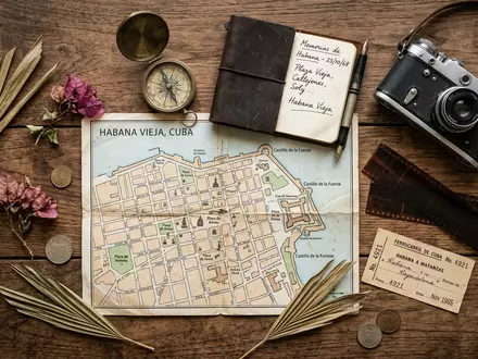 Flatlay-Reise-Arrangement rund um Altstadt Havanna in Havanna Kuba, Karte Kompass Kamera und generische Reiserequisiten - Foto: THN