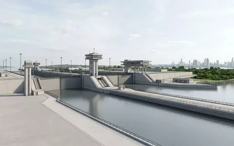 Moderner Architektur-Render zeigt Silhouette von Panamakanal in Panama-Stadt Panama, klare Linien und neutrales Tageslicht - Foto: THN