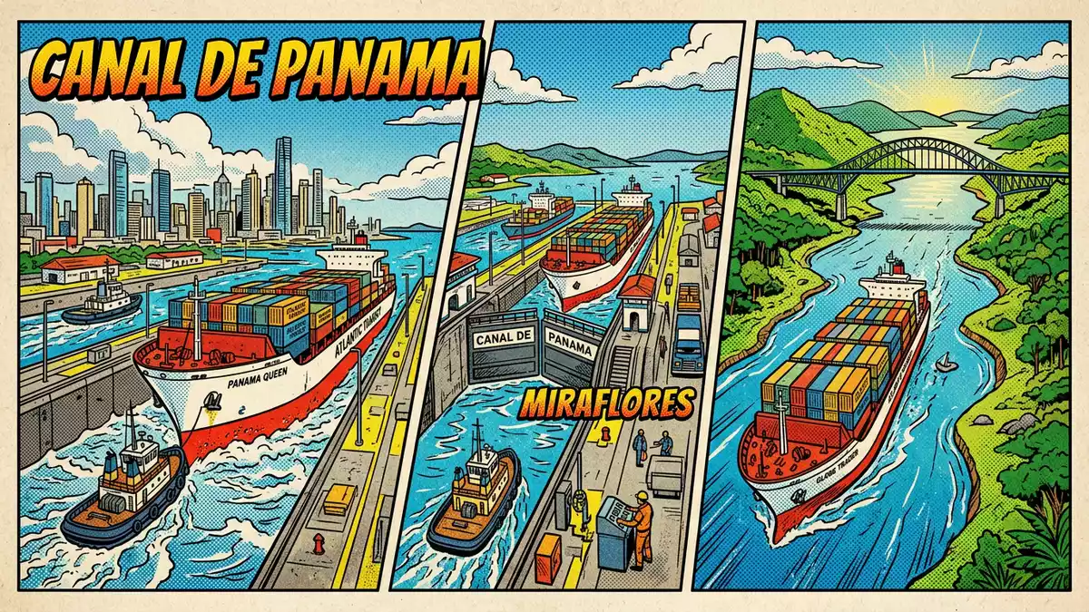 Pop-Art-Comic von Panamakanal in Panama-Stadt, Panama mit Rasterpunkten