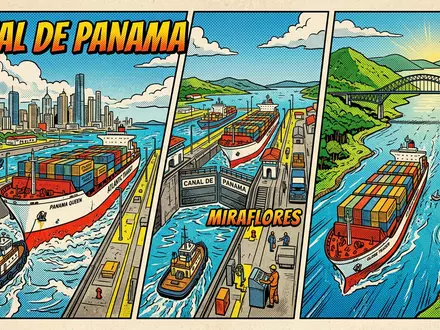 Pop-Art-Comicillustration des Wahrzeichens Panamakanal in Panama-Stadt Panama, kraeftige Konturen Rasterpunkte und satte Farben - Foto: THN