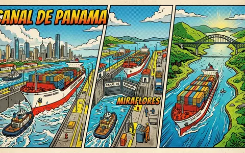 Pop-Art-Comicillustration des Wahrzeichens Panamakanal in Panama-Stadt Panama, kraeftige Konturen Rasterpunkte und satte Farben - Foto: THN