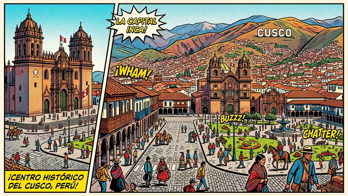 Pop-Art-Comic von Altstadt Cusco in Cusco, Peru mit Rasterpunkten