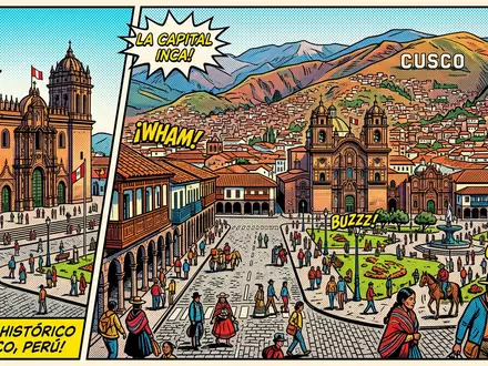 Pop-Art-Comicillustration des Wahrzeichens Altstadt Cusco in Cusco Peru, kraeftige Konturen Rasterpunkte und satte Farben - Foto: THN
