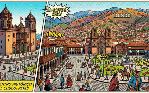 Pop-Art-Comicillustration des Wahrzeichens Altstadt Cusco in Cusco Peru, kraeftige Konturen Rasterpunkte und satte Farben - Foto: THN
