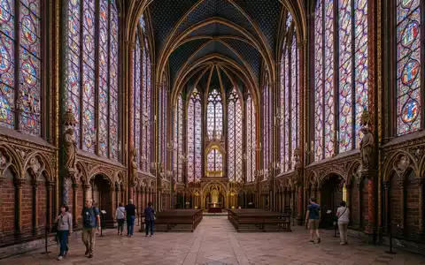 Editorialbild im Reisemagazin-Stil vom Wahrzeichen Sainte-Chapelle Paris in Paris Frankreich, ausgewogene Bildgestaltung und natuerliches Umgebungslicht - Foto: THN